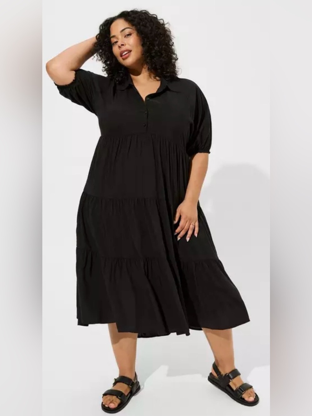Torrid Maxi Washable Challis Hi Low Tiered Shirt Dress Black Size 2 Pockets